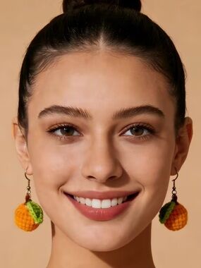 NWT Orange Crochet Fruit Drop Earrings with Green Leaves